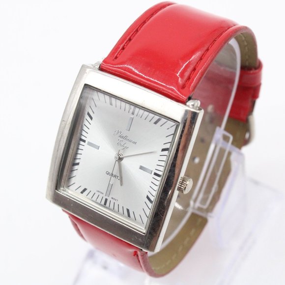 Platinum Edge Watch Womens Silver Tone Stainless Steel Big Face Red Leather Band - Picture 4 of 8